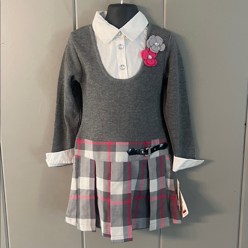 NWT Bluberi  Boulevard Shirt Dress Plaid Gray Red White Girls 5 Preppy Old Money